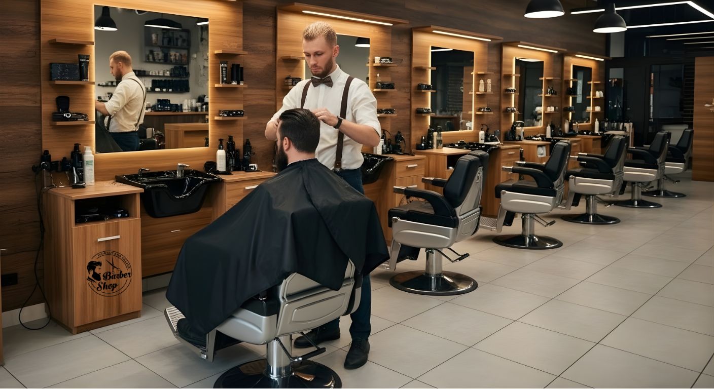 Pack mobilier barbier complet 3 postes de travail assortis avec comptoir accueil bois aspect noyer dans salon barbier moderne professionnel