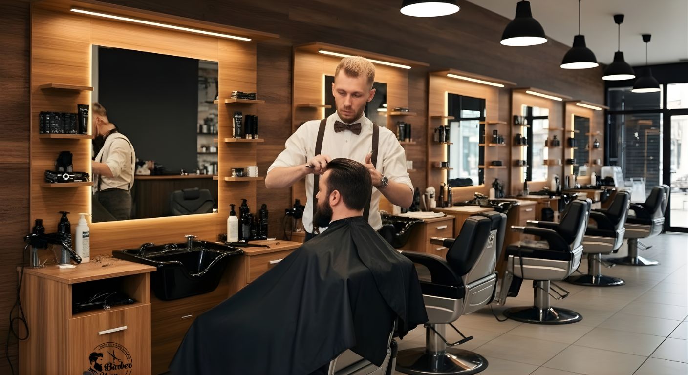 Mobilier barber shop professionnel bois aspect noyer avec miroir éclairé et fauteuil barbier hydraulique en utilisation client