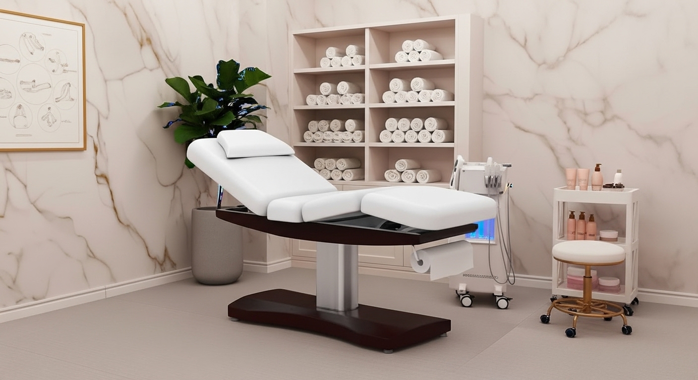 Elektrische Massageliege Serena aus Holz mit 3 Motoren, elegantem Design, verstellbarer Rückenlehne und High-End-Komfort für Spa und Schönheitssalon.