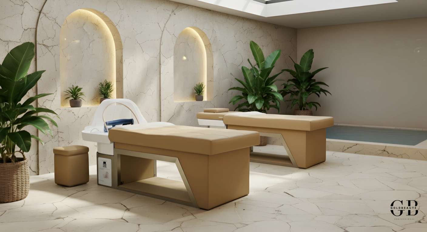 Head Spa SerenityFlow beige tafel voor massage en professionele haarverzorging, hoogwaardig spabed met modern design en luxe wellnessruimte.