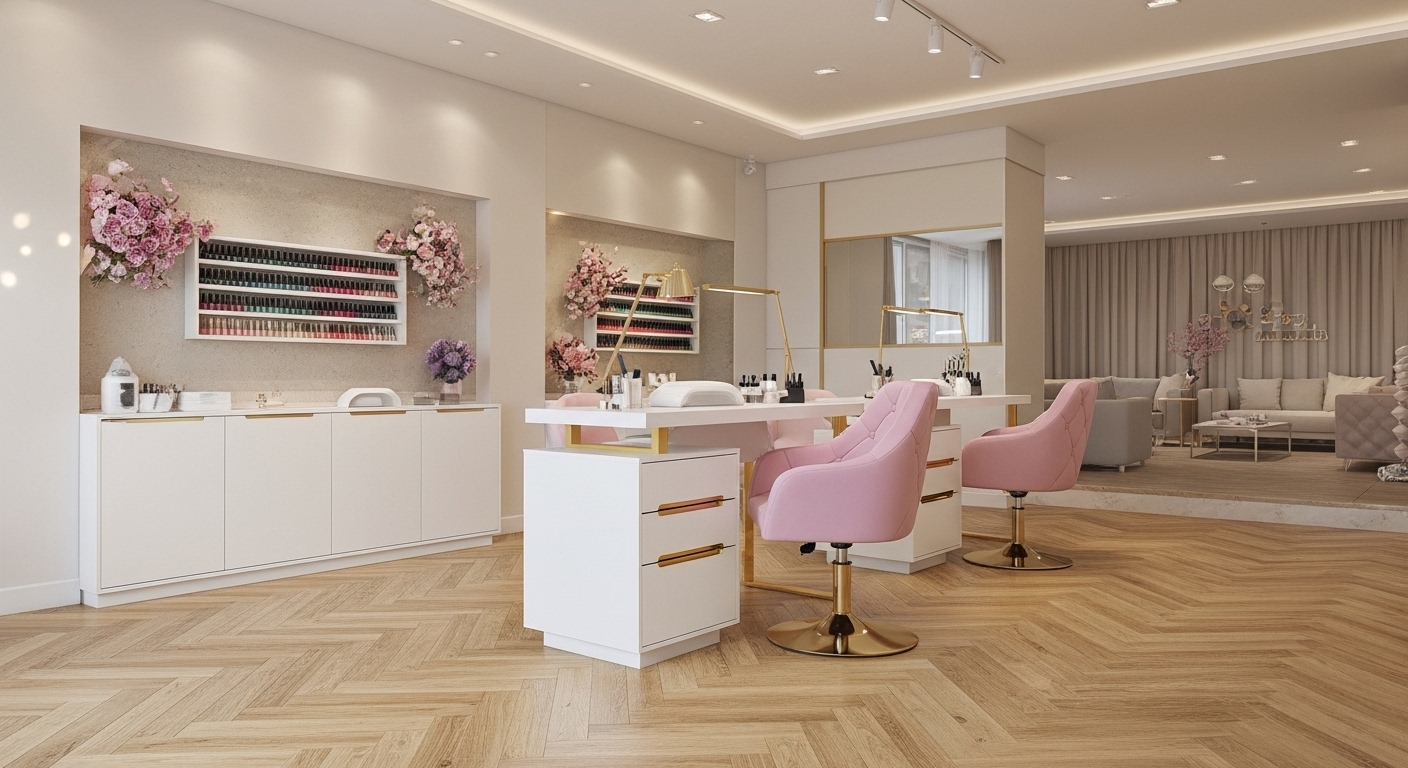 Mesa de manicure branca Jessy com design elegante em branco e dourado, armazenamento integrado e espaço profissional para salão de beleza e manicure.