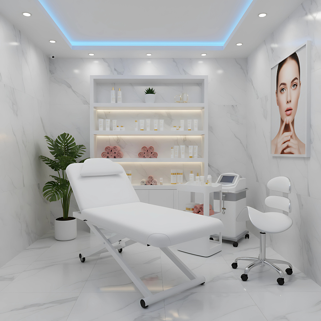 Weiße elektrische Massageliege Alice 329E mit 1 Motor, verstellbarer Höhe, ergonomischer Matratze und modernem Design, ideal für Spas, Schönheitssalons und professionelle ästhetische Behandlungen.
