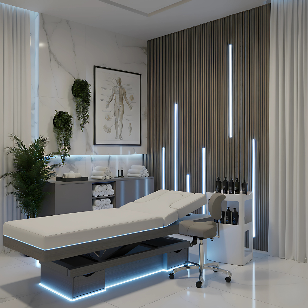 Table de massage électrique SPA Azzurro 815B bois gris chauffante avec éclairage LED intégré, lit de soins professionnel haut de gamme pour spa et instituts de beauté, design moderne et raffiné avec structure robuste, matelas ergonomique en mousse haute densité pour un confort optimal, réglages motorisés pour hauteur et inclinaison, idéale pour massages, soins esthétiques, modelages et rituels bien-être, mobilier esthétique de luxe alliant technologie, élégance et ambiance relaxante.