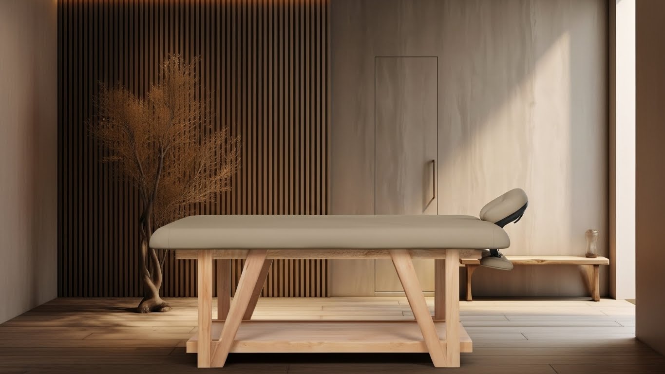 Table de Massage Fixe ROOTS Beige en Bois Massif Naturel – Professionnelle Bien-Être
