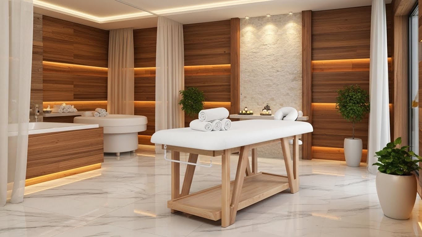 ROOTS Vaste Massagetafel – De authenticiteit van massief hout in dienst van professioneel welzijn