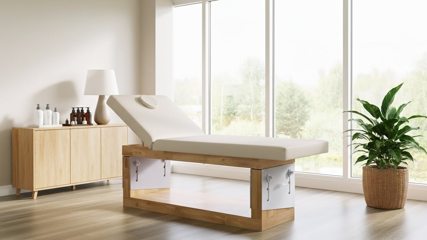 OCCI professional fixed treatment table in genuine natural wood, with 2 sections, reclining backrest, and manually adjustable height. A stable, elegant, and durable solution for beauty salons, spas, and wellness centers.