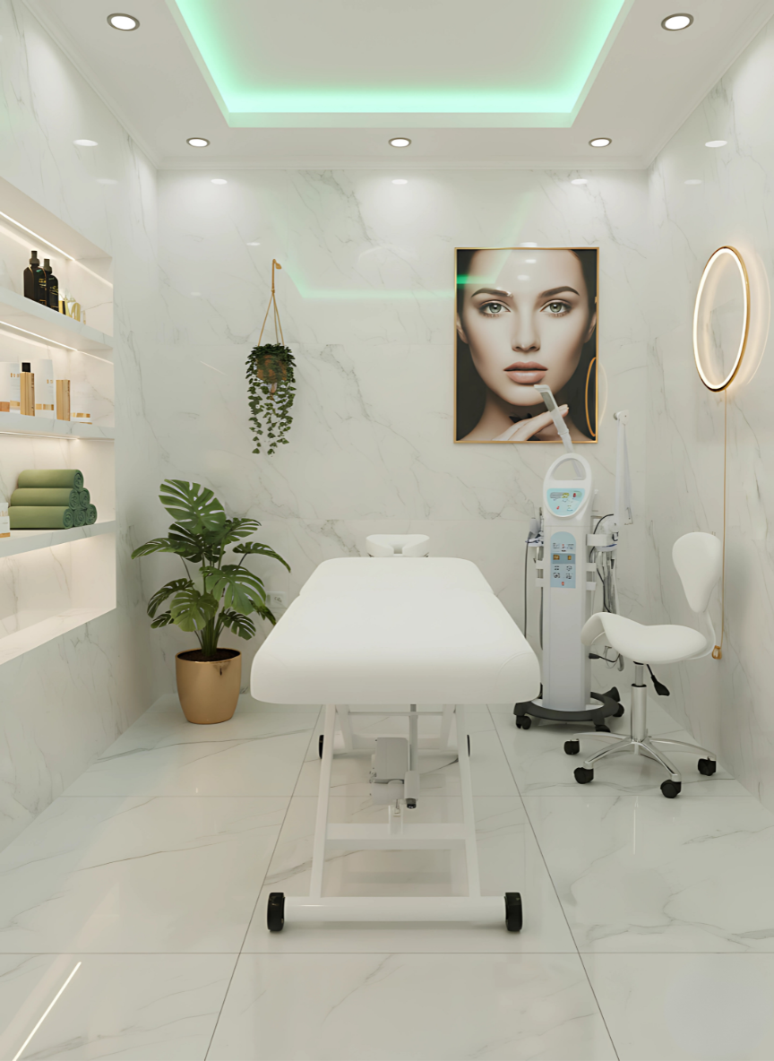 Weiße elektrische Massageliege Atika 336 mit 1 Motor, motorisierter Höhenverstellung, ergonomischem Design und robuster Struktur, ideal für Spa, Schönheitssalon und Wellnesscenter.