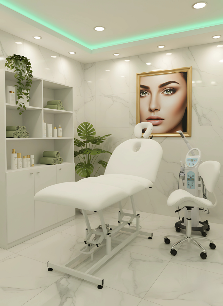 Weiße elektrische Massageliege Katia 693A mit 1 Motor, robuster Struktur, verstellbarer Rückenlehne und ergonomischem Design, ideal für Spa, Schönheitssalon und professionelle ästhetische Behandlungen.