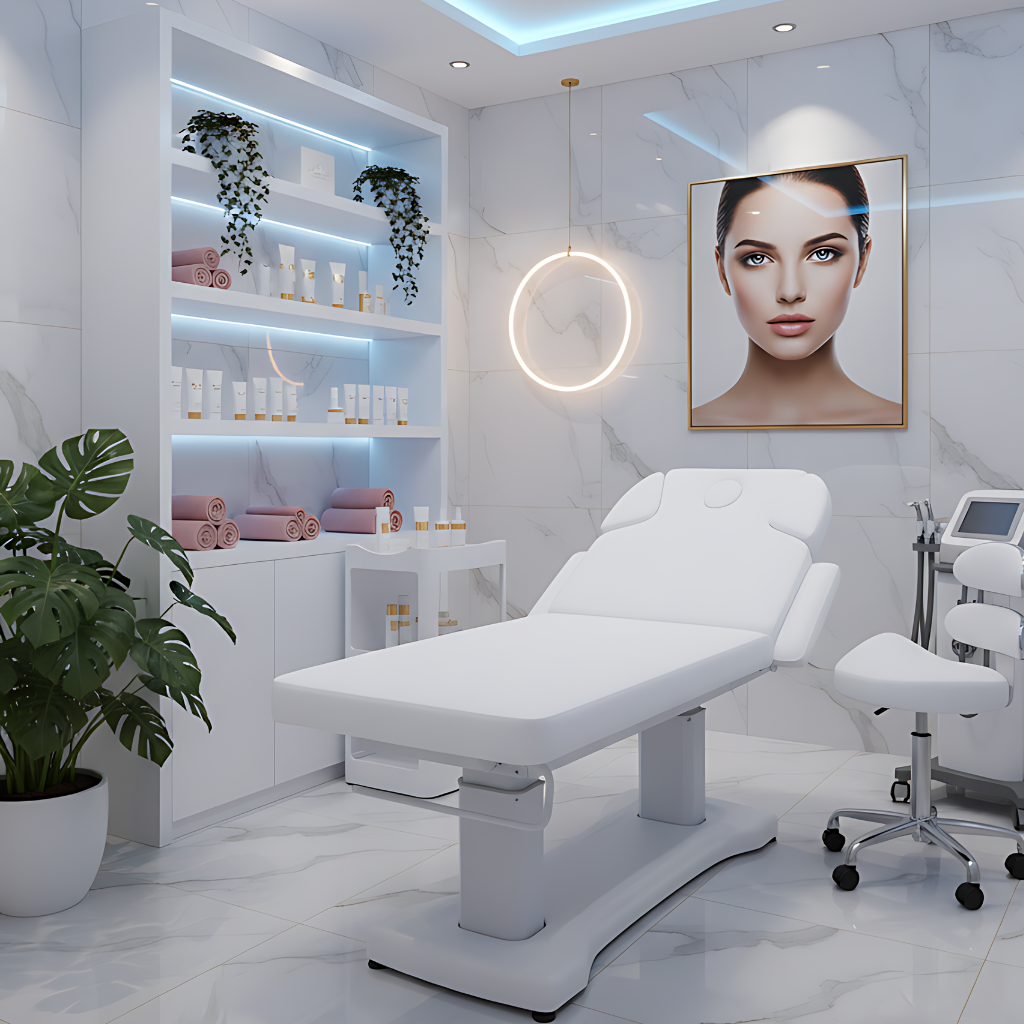 Camilla de masajes eléctrica profesional para spa en color blanco, con respaldo reclinable y ajustes motorizados, colchón ergonómico de espuma de alta densidad, ideal para tratamientos estéticos, masajes relajantes y salones de belleza, diseño moderno y confortable para una experiencia de bienestar de alta gama.