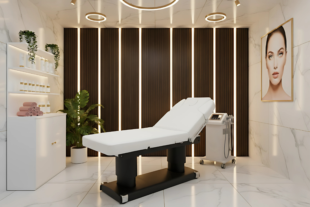 Camilla de spa eléctrica Qaus Warm, cama de masaje profesional de alta gama con ajustes motorizados precisos, robusta estructura de metal negro y colchón ergonómico de espuma de alta densidad color blanco, calefacción integrada para un confort óptimo, diseño moderno y elegante adecuada para salones de belleza, spas y centros de estética, ideal para tratamientos relajantes, masajes, tratamientos faciales y corporales.