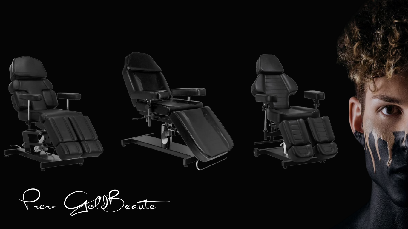 Showroom Goldbeaute – fauteuils de tatouage professionnels ergonomiques et tables de tatouage haut de gamme en cuir noir, réglables électriques, confort optimal pour tatoueurs et clients, mobilier de studio tattoo & piercing design et durable