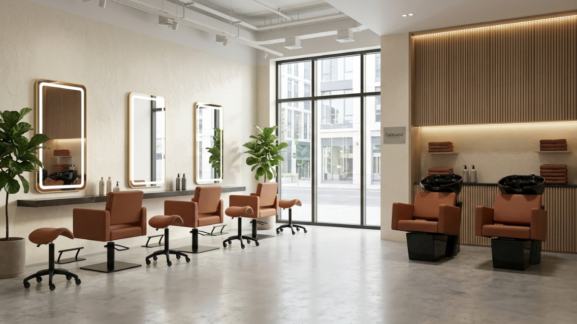 Lavatório profissional STEFANIA com cuba basculante em cerâmica preta e assento confortável em tom terracota marrom. Ideal para salões de cabeleireiro modernos.