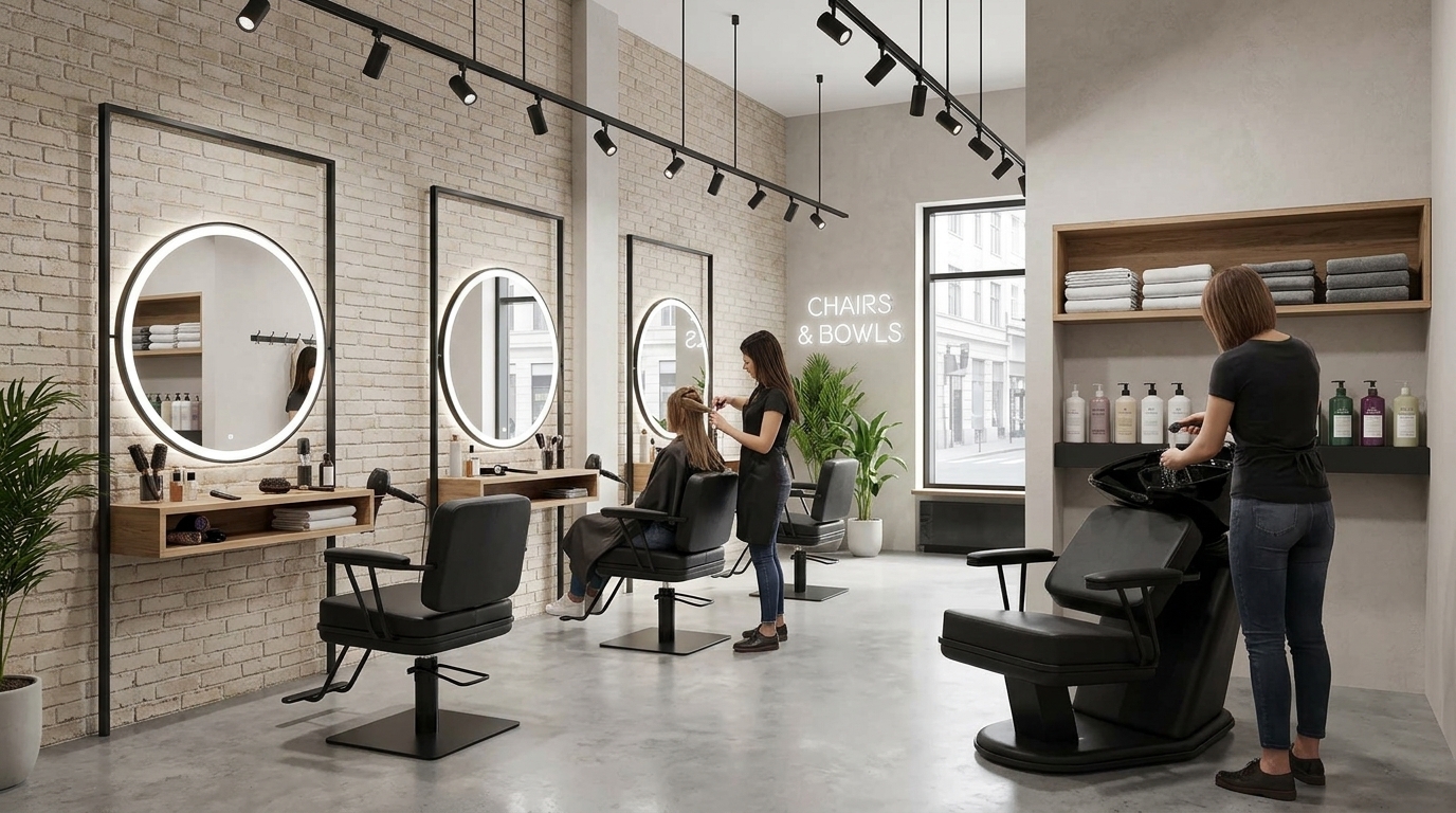 Fauteuil de coiffure Antonio professionnel avec vérin hydraulique, rotation 360° et revêtement similicuir noir. Confort et design pour salon de coiffure