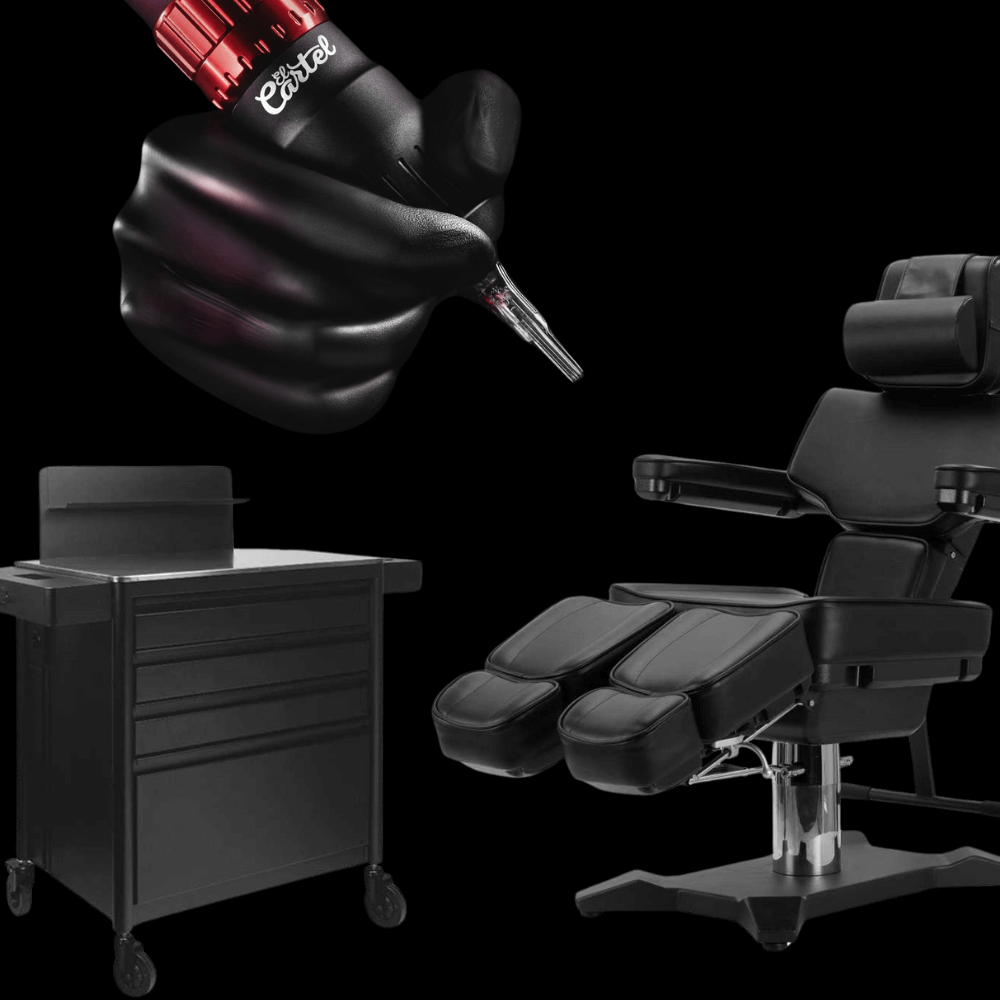 Professional tattoo furniture and chair with machine and rolling cart