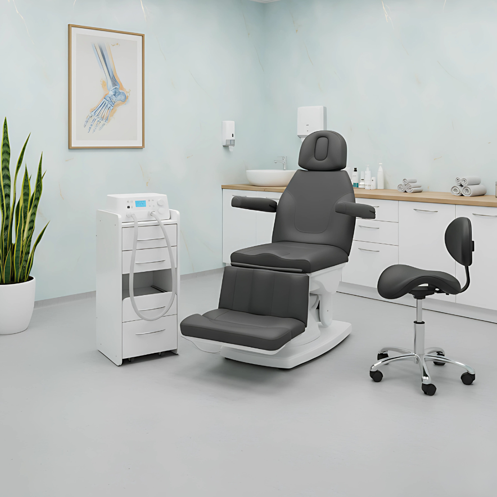 Poltrona podologica elettrica KATE a 4 motori, seduta ergonomica in pelle medicale, regolazione motorizzata di altezza, schienale, poggiagambe e inclinazione, progettata per studi podologici e centri medici, ideale per la cura dei piedi, pedicure professionali e comfort ottimale sia per l'operatore che per il paziente.