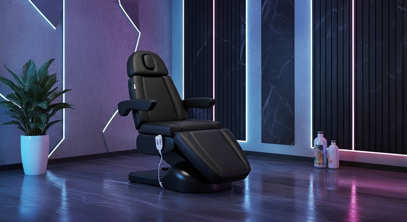 Fauteuil esthétique électrique Milano noir à 3 moteurs, inclinable et réglable, idéal pour soins esthétiques, massages et centre de beauté professionnel.
