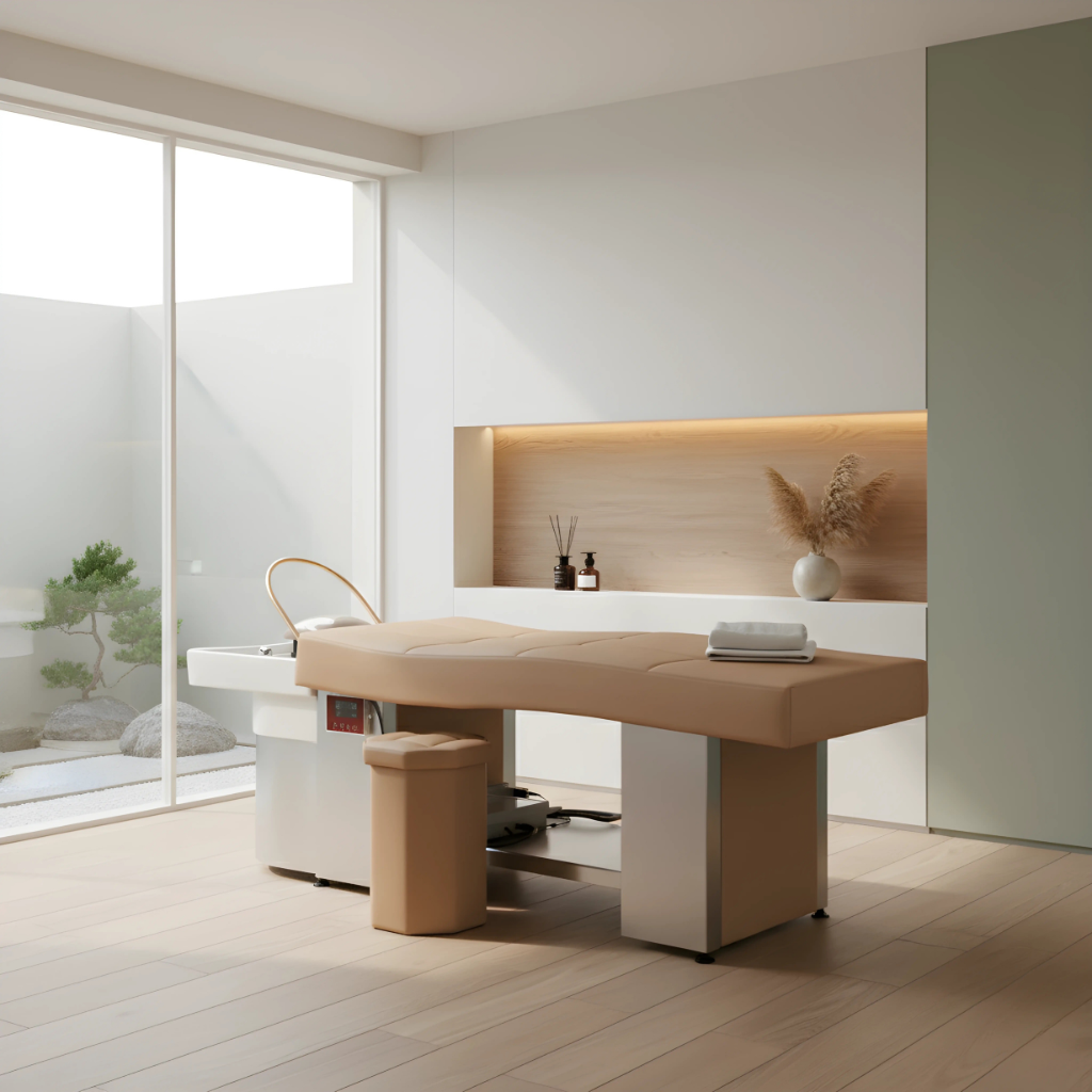 Professional Head Spa Bed Beige Anion Steam Relax Pro, high-end massage table with ionic steam function, optimal comfort and elegant design for hair treatments, massages and spa rituals