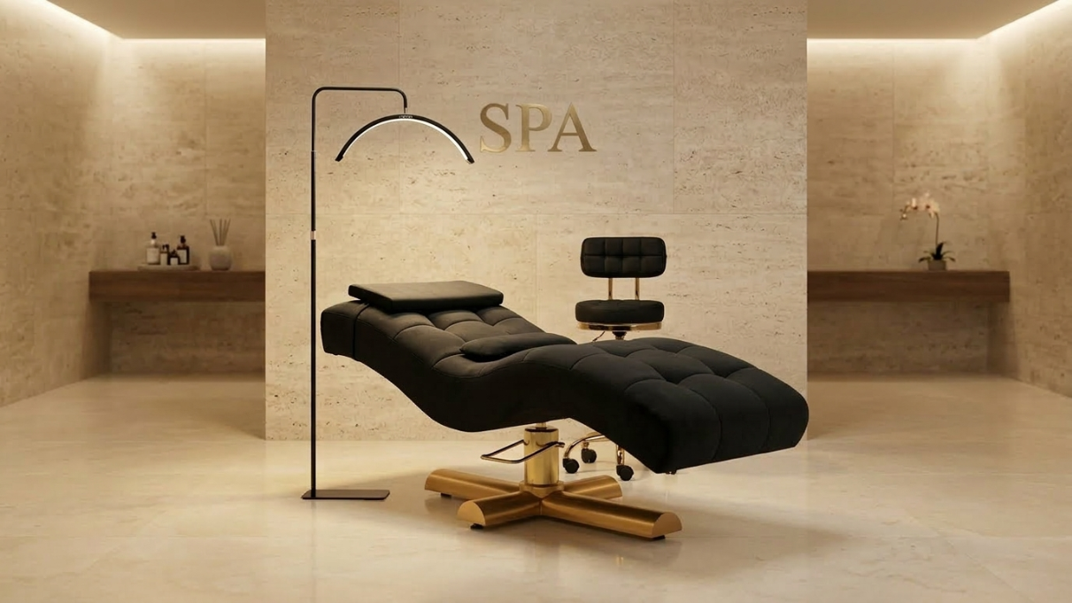 Lit professionnel pour extension de cils LORA avec pompe hydraulique, rotation 360° et matelas ergonomique velours noir. Idéal institut beauté et technicienne cils.