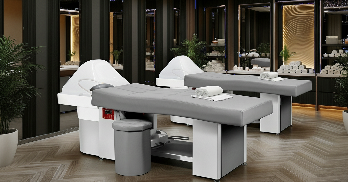 Profesjonalne, szare łóżko Anion Steam Relax Pro firmy Head Spa, najwyższej jakości stół spa do zabiegów kosmetycznych, masaży i relaksacji w salonach kosmetycznych.