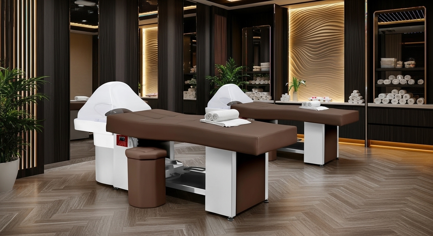 Lit Head Spa professionnel marron avec technologie vapeur Anion Relax Pro, table de spa haut de gamme pour massages, soins esthétiques et bien-être en institut.