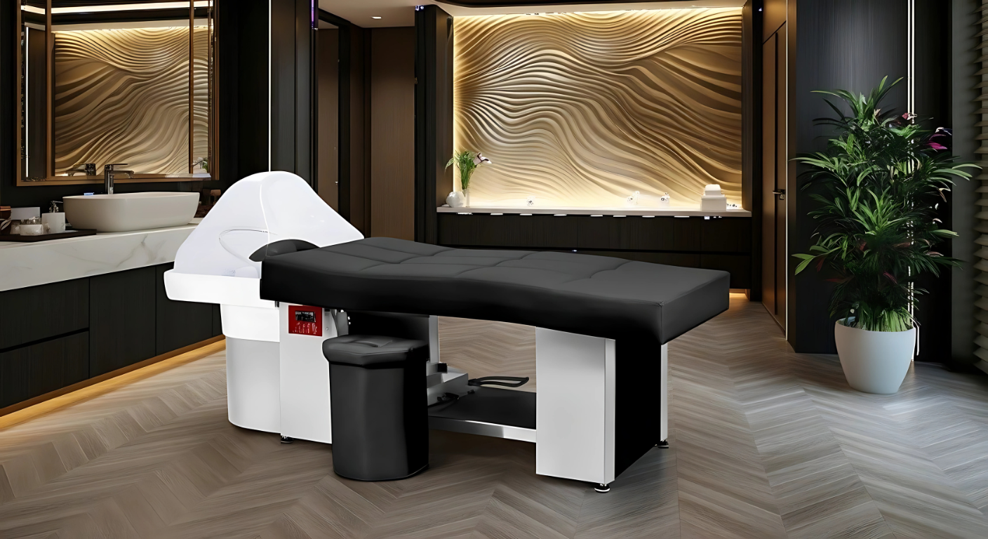 Lit Head Spa japonais noir professionnel avec technologie vapeur Anion, table de massage haut de gamme pour soins capillaires, rituels bien-être, massages et spa esthétique, design élégant et moderne