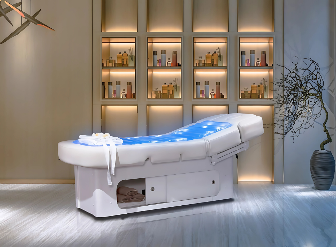 Showroom professionnel Goldbeaute avec la table de massage électrique Aqua Spa haut de gamme, dotée d’un matelas à eau bleu pour une immersion sensorielle unique. Cette table spa innovante est idéale pour les soins bien-être, hydrothérapie et relaxation profonde en institut de beauté ou centre de spa. L’exposition met en valeur un espace esthétique moderne avec rangements intégrés, éclairage raffiné et design luxueux. Une solution professionnelle qui allie confort, technologie avancée et élégance, pensée pour offrir aux clients une expérience de détente premium dans un environnement haut de gamme