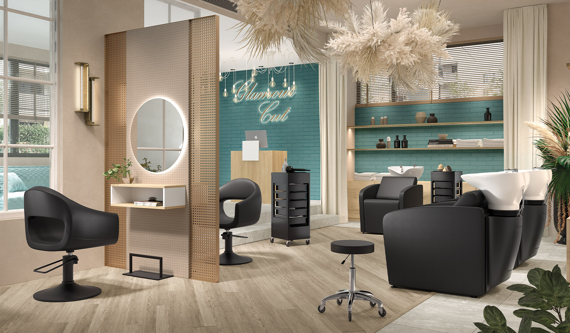 Aménagement moderne de salon de coiffure avec fauteuils noirs, bacs à shampooing, coiffeuses murales et décoration chic Glamour Cut