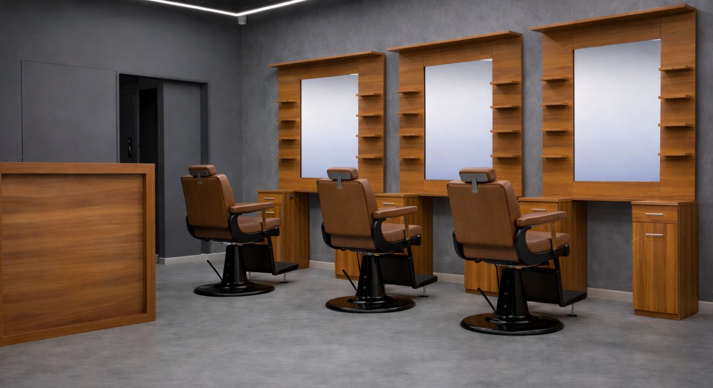 Estación de barbería de pared con espejo y espacio de almacenamiento | Muebles de barbería