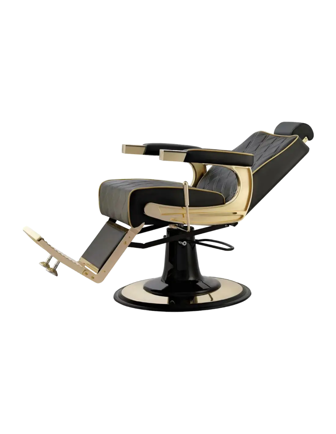 Sillón de barbero Maximus Black Gold: Confort de lujo y estructura de acero.