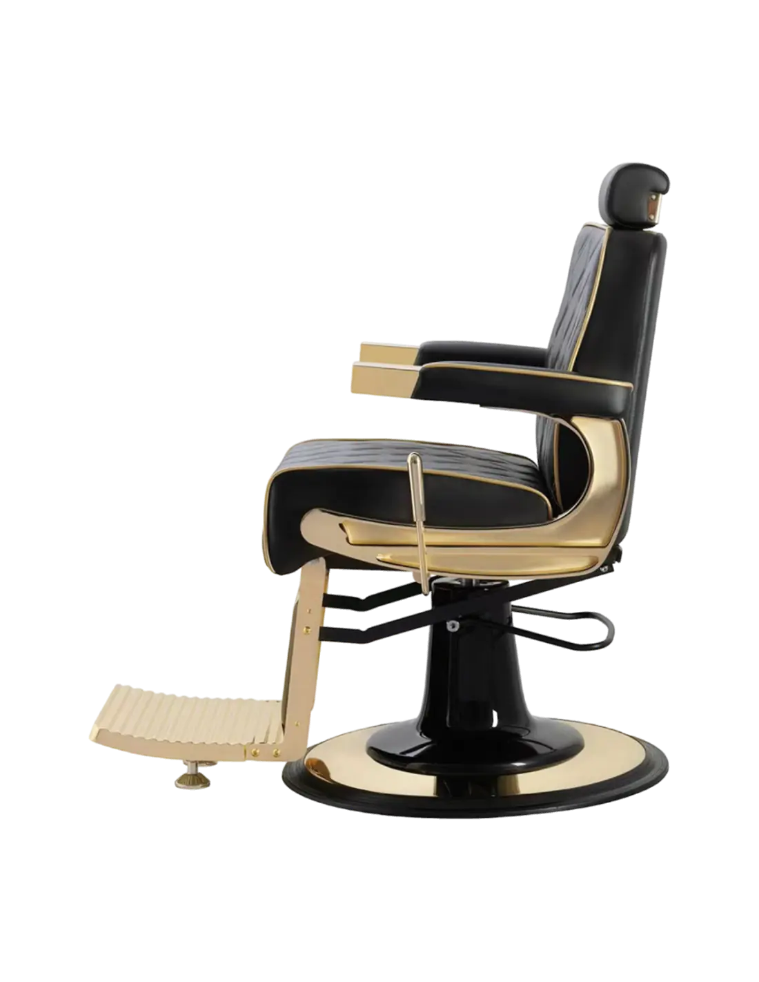 Sillón de barbero Maximus Black Gold: Confort de lujo y estructura de acero.