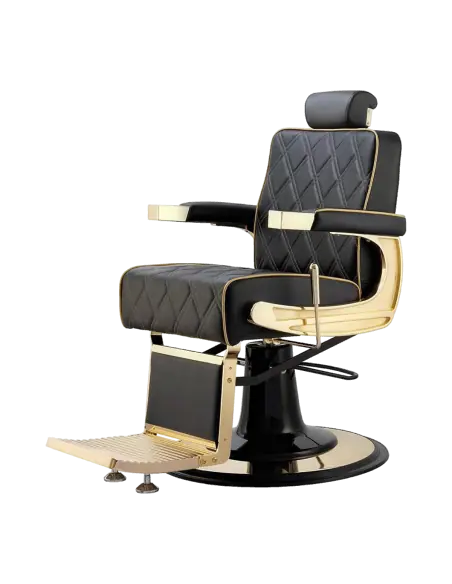 Sillón de barbero Maximus Black Gold: Confort de lujo y estructura de acero.
