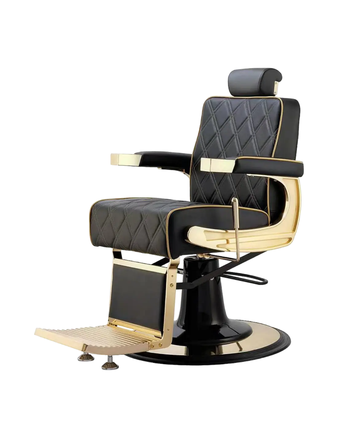 Sillón de barbero Maximus Black Gold: Confort de lujo y estructura de acero.