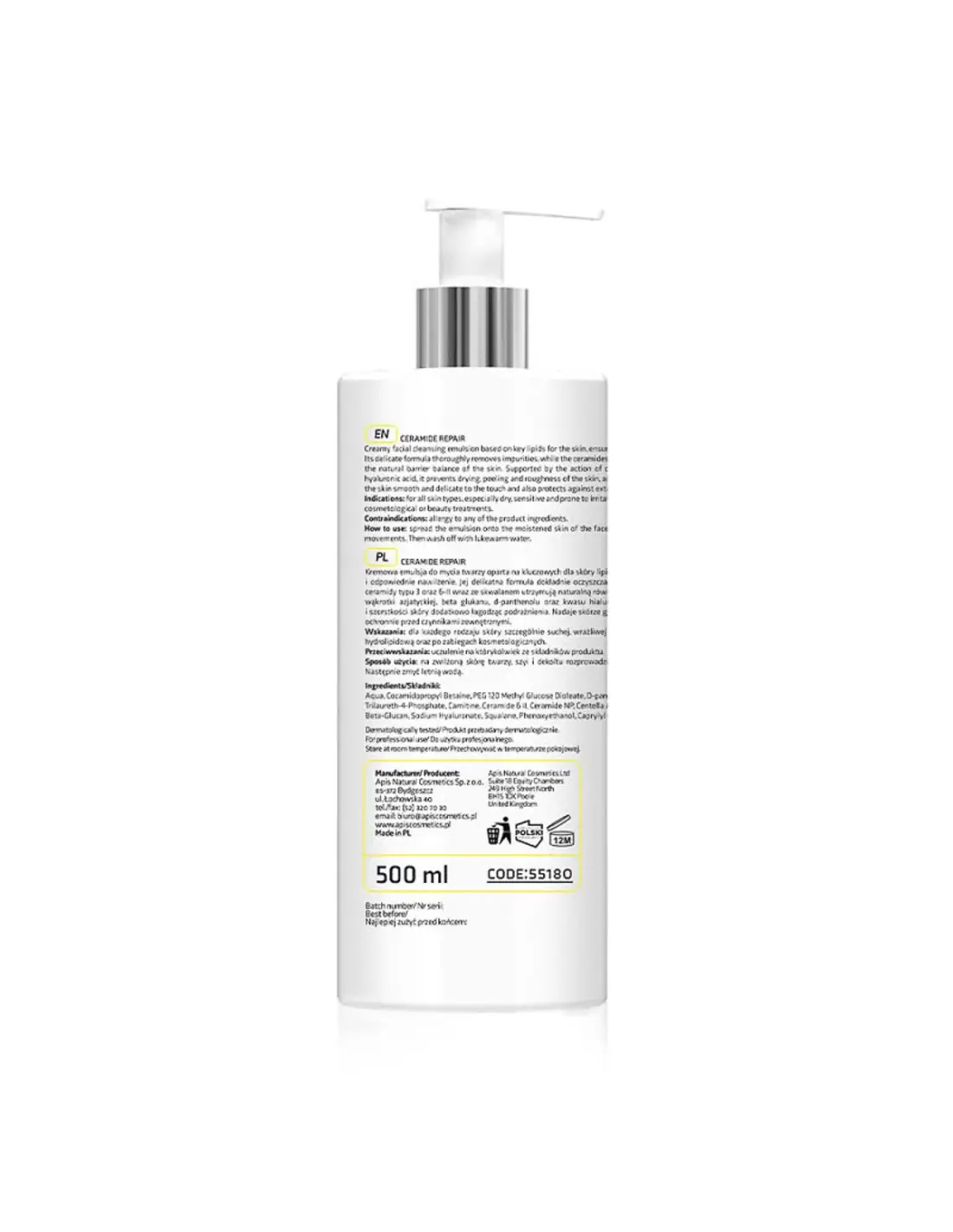 Apis CERAMIDE REPAIR Laagodna émulsja do mycia twarzy z ceramidami i beta glukanem 500 ml 