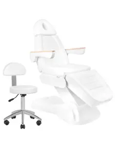 Poltrona elétrica estética Firenze Lux 273B, madeira branca, 3 motores profissionais + banqueta