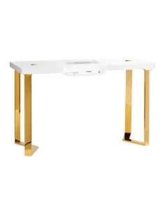 Table de Manucure Élégance Dorée Plateau Blanc & Aspirateur Intégré 48W