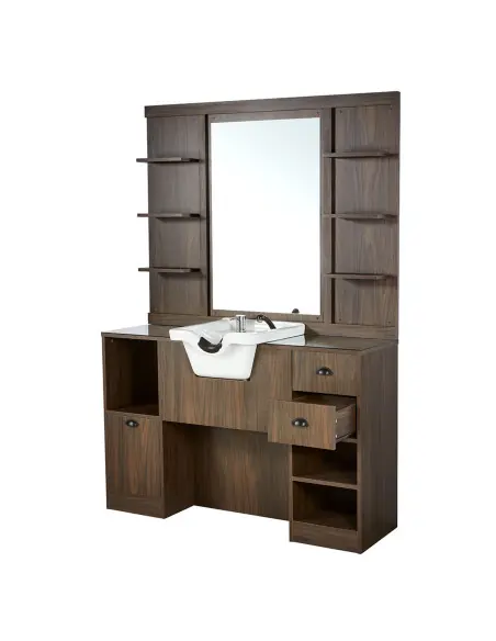 Poste de Coiffage Barber Palazzo 2B – Bois Noyer Foncé avec Vasque & Rangement 