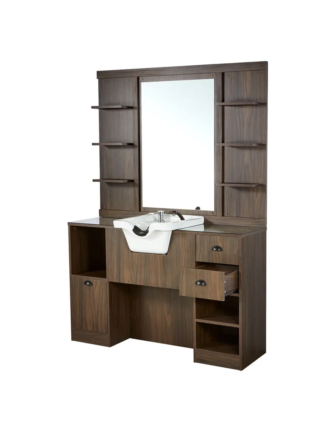 Poste de Coiffage Barber Palazzo 2B – Bois Noyer Foncé avec Vasque & Rangement 