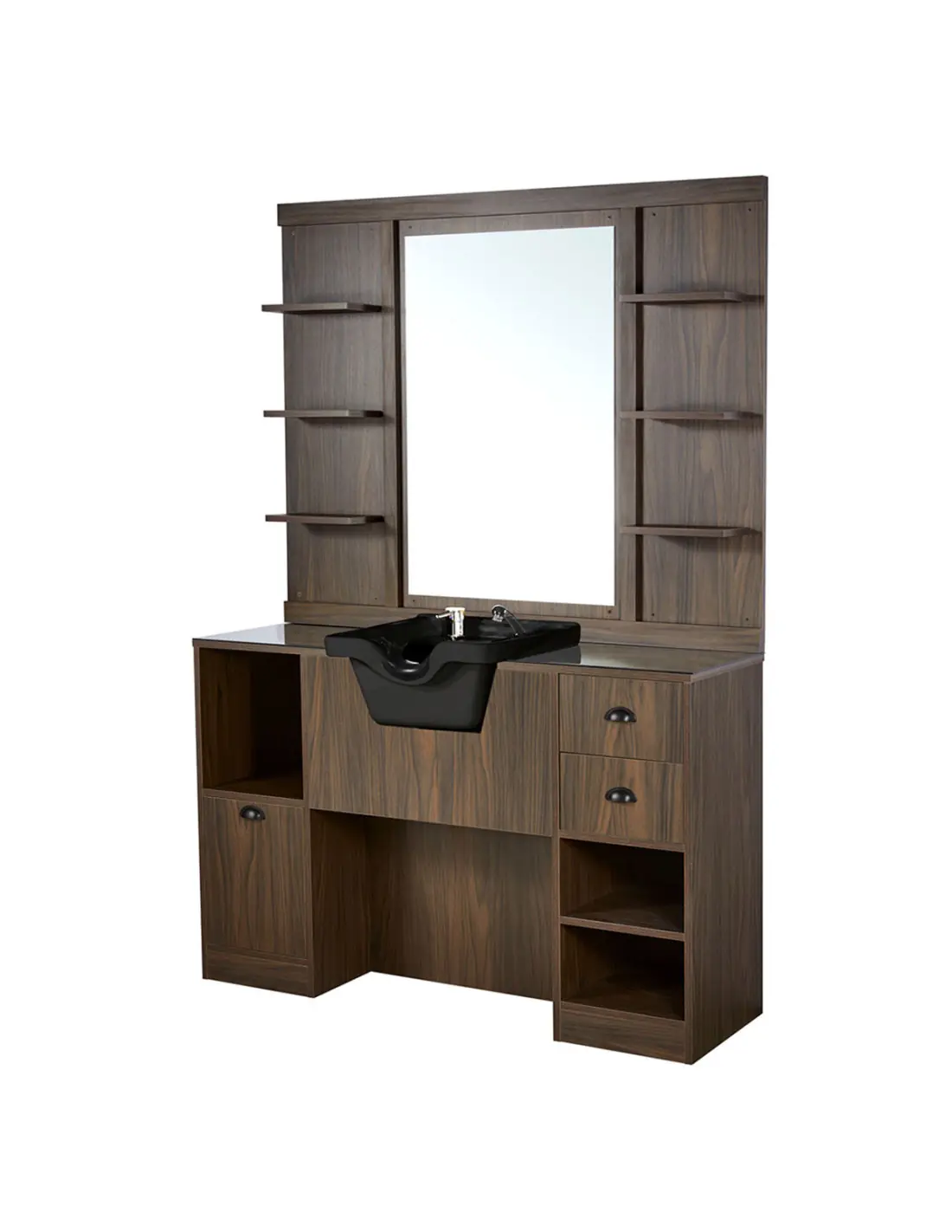 Poste de Coiffage Barber Palazzo 2B – Bois Noyer Foncé avec Vasque & Rangement 