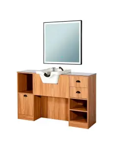 Poste barbier 8B LED bois clair – Vasque, rangement & miroir lumineux intégré