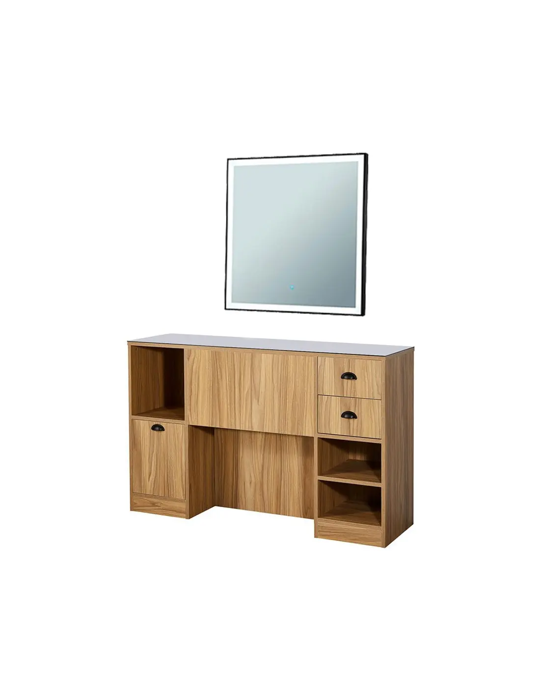 Station coiffage barbershop 8B LED bois clair – miroir & rangements pro