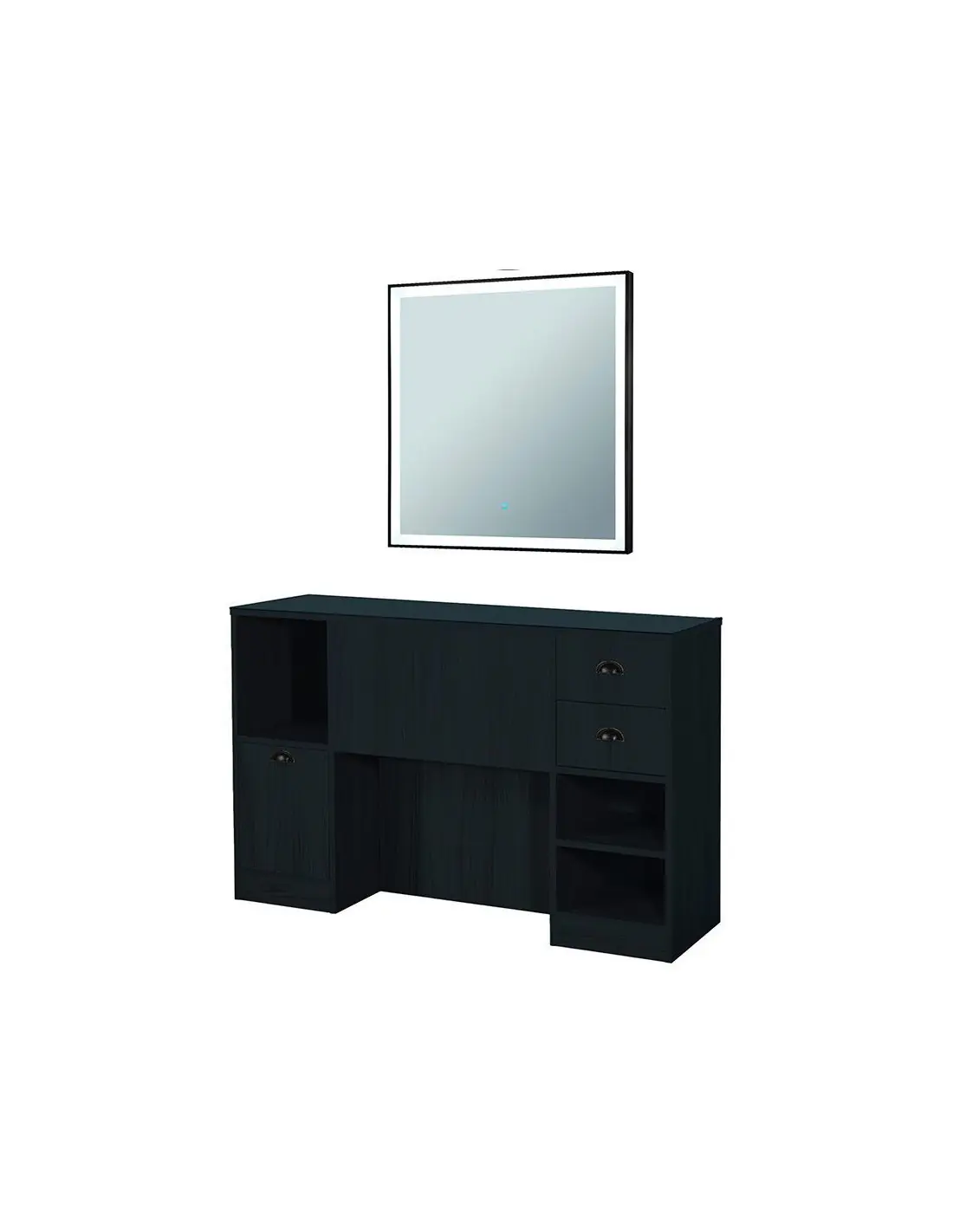Station coiffage barbershop 8B LED Noir mat – miroir & rangements pro