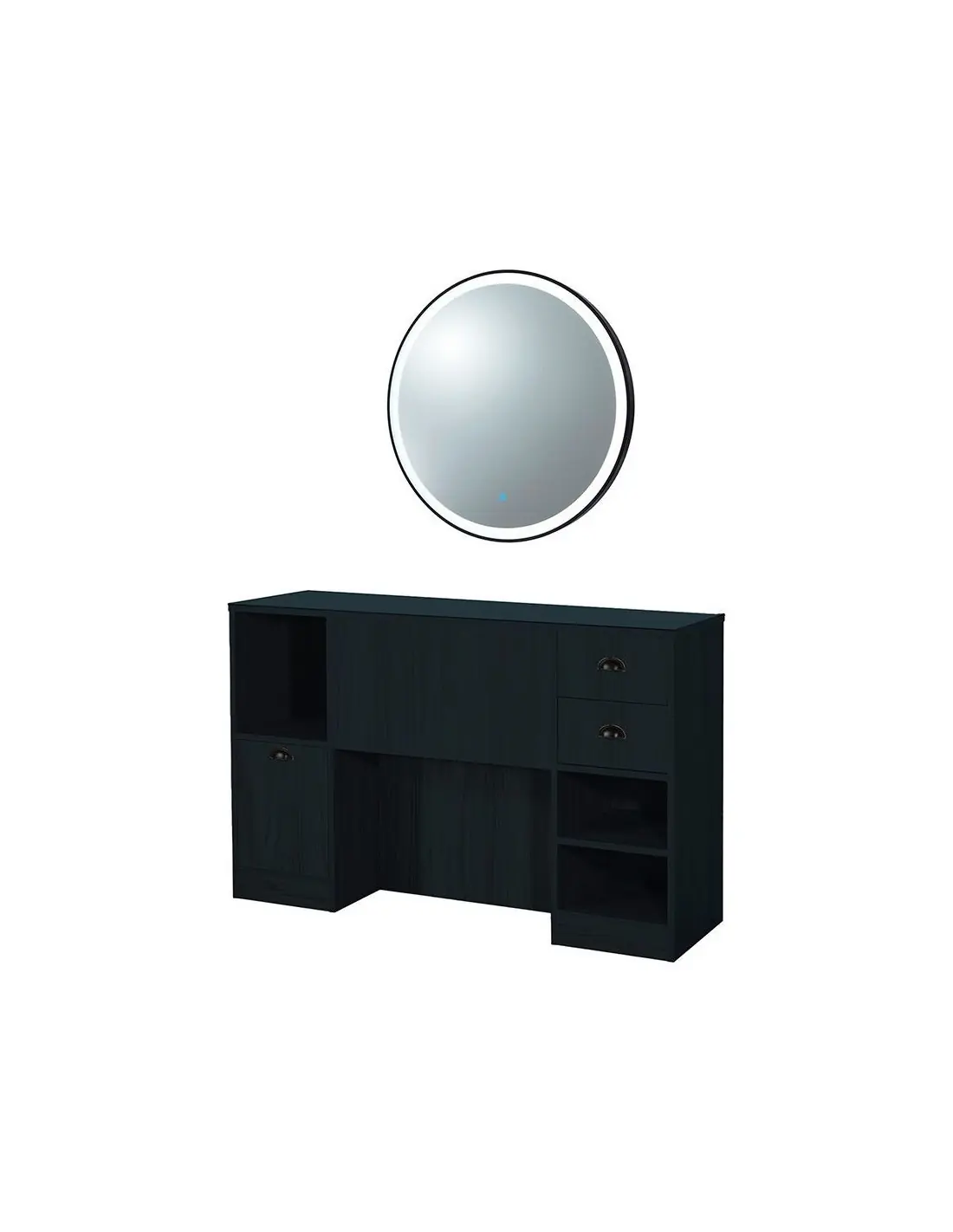 Station coiffage barbershop 8B LED Noir Mat – miroir rond & rangements